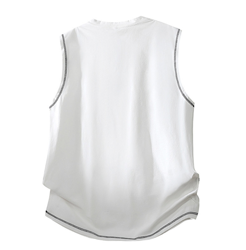 Men's Contrast Stitch Henley Curved Hem Cotton Sleeveless Tank Top