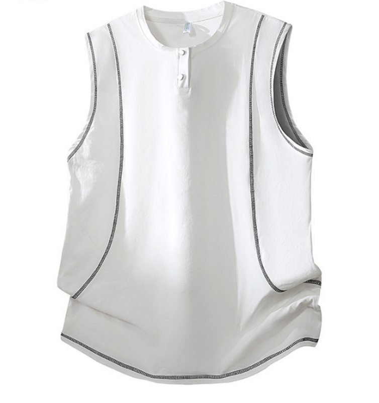 Men's Contrast Stitch Henley Curved Hem Cotton Sleeveless Tank Top