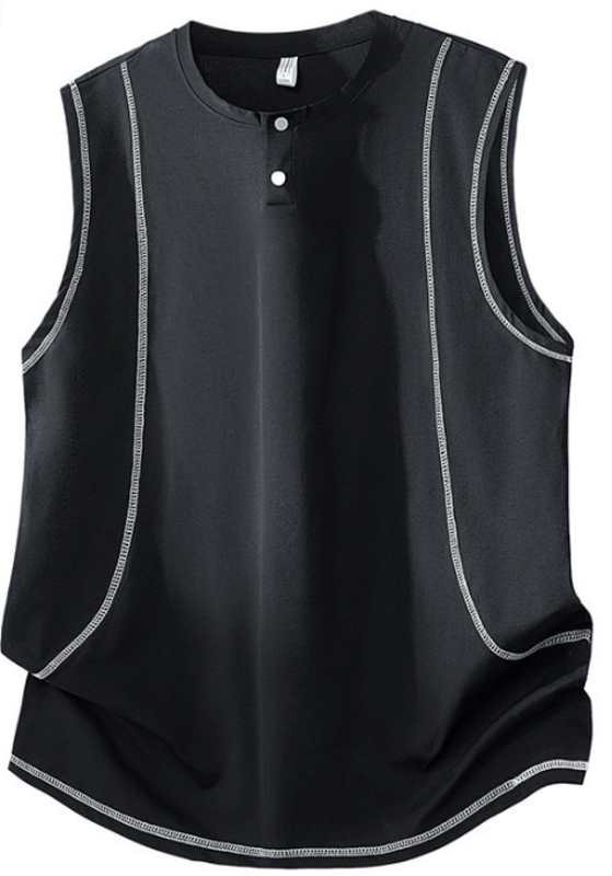 Men's Contrast Stitch Henley Curved Hem Cotton Sleeveless Tank Top