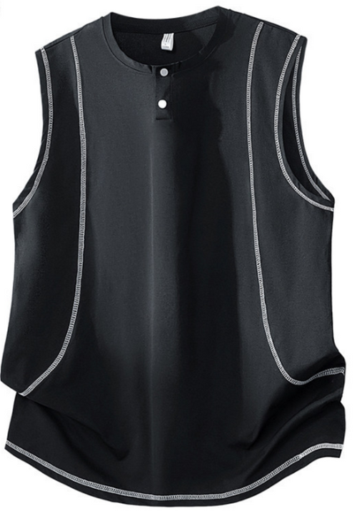 Men's Contrast Stitch Henley Curved Hem Cotton Sleeveless Tank Top