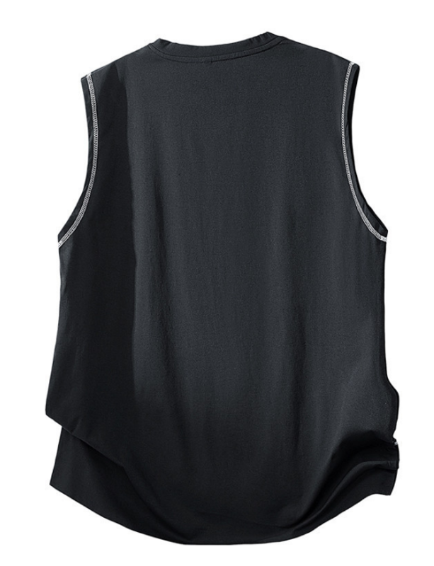 Men's Contrast Stitch Henley Curved Hem Cotton Sleeveless Tank Top